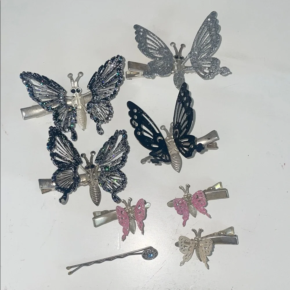 Butterfly Hair Clip Set - Metallic Silver, Black & Pink bundle vintage